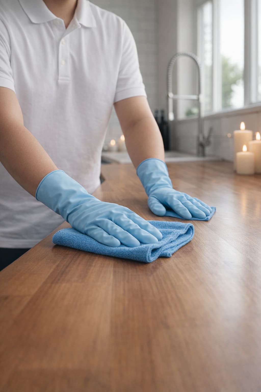 Professional cleaner with light blue gloves carefully wiping a wooden kitchen countertop