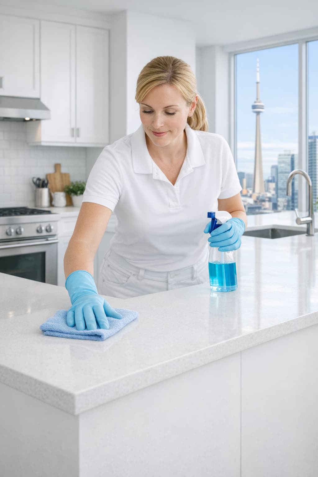Professional cleaner in white clothing with light blue gloves cleaning kitchen countertop