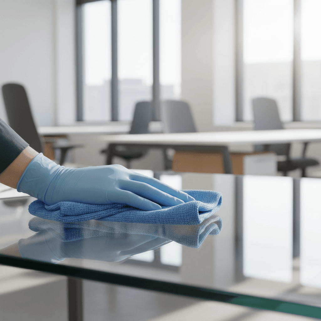 Professional cleaner's gloved hands wiping a glass desk surface with microfiber cloth in modern office