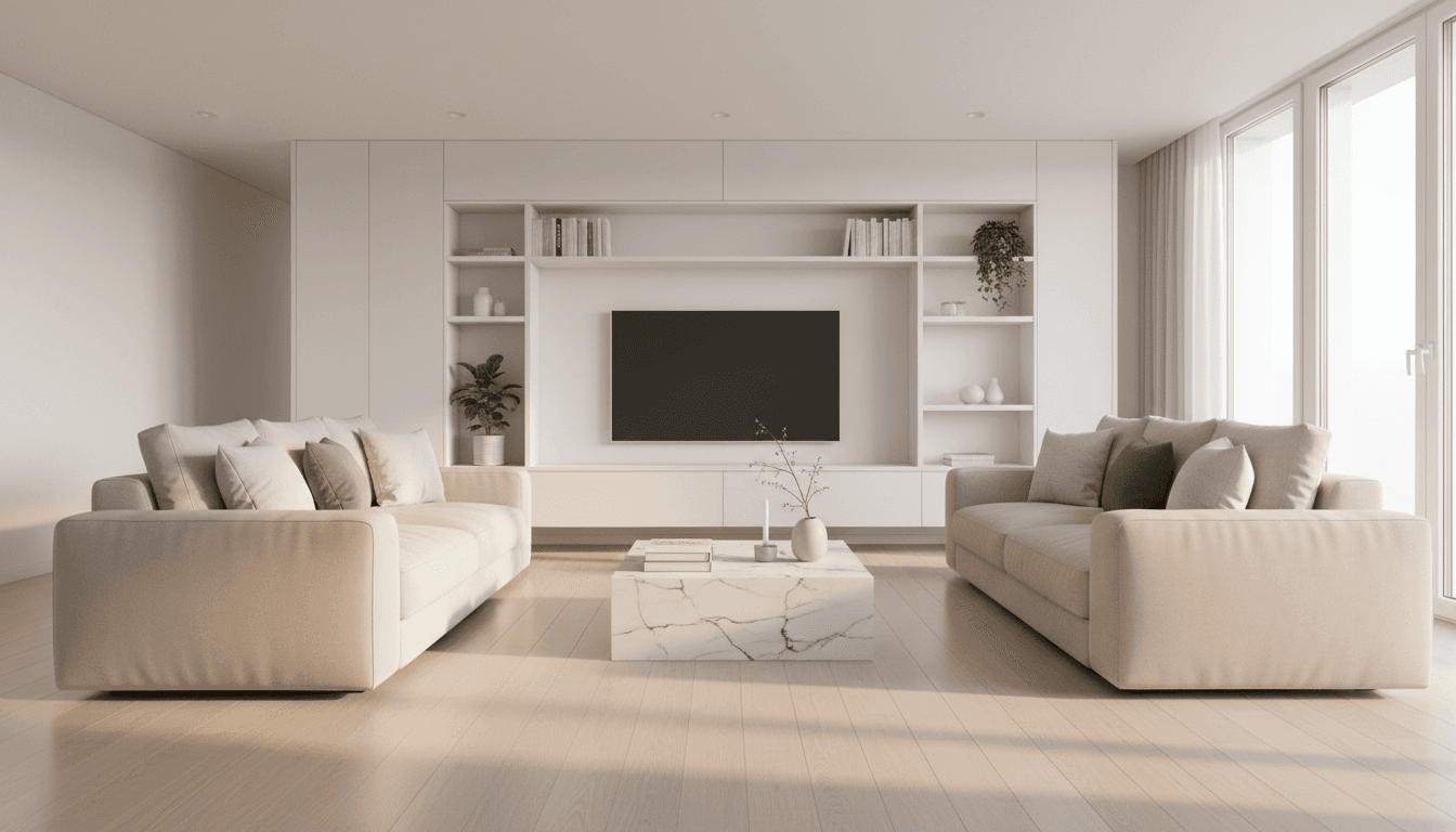 Spacious modern living room featuring pristine floors, organized furniture, and bright natural lighting after professional deep cleaning