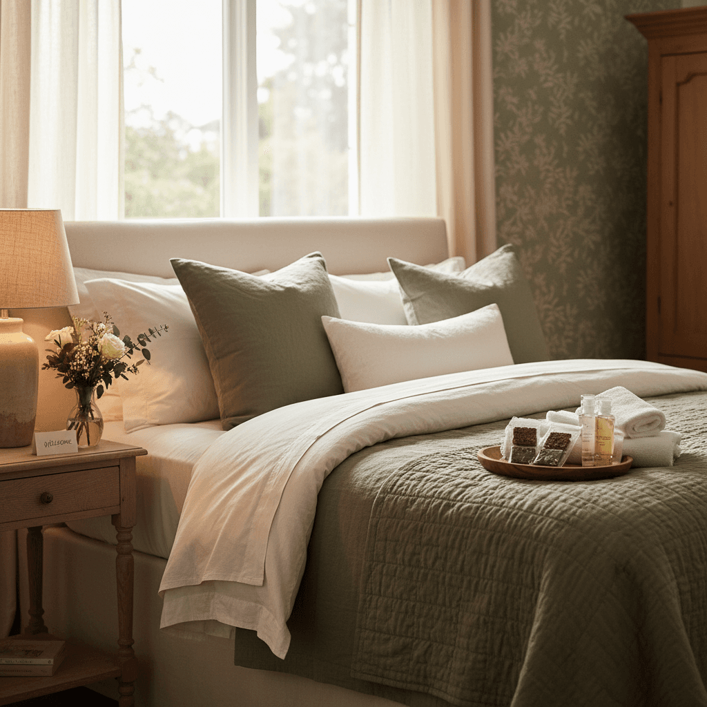 Elegantly decorated guest bedroom with layered bedding, fresh flowers, and welcome amenities on bedside table, bathed in warm natural light
