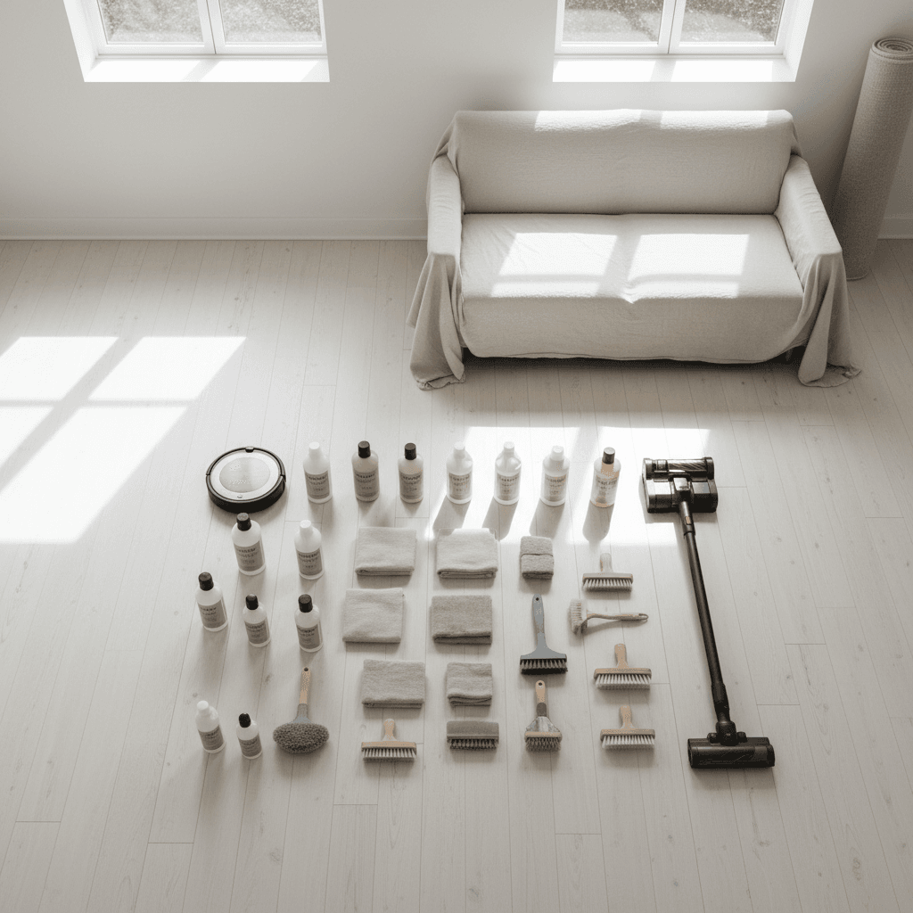 Organized professional cleaning supplies and equipment arranged on a light wood floor in preparation for property turnover