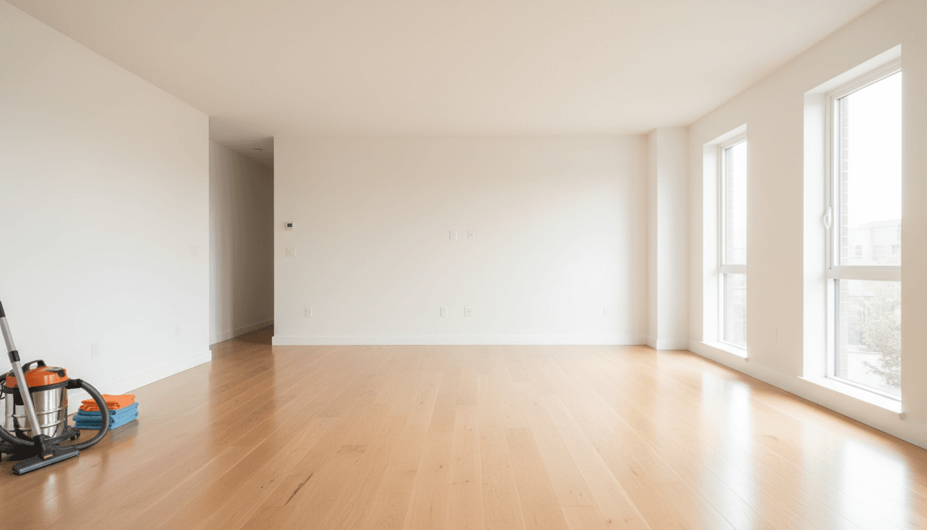 Bright, pristine empty living room with gleaming hardwood floors and natural window light