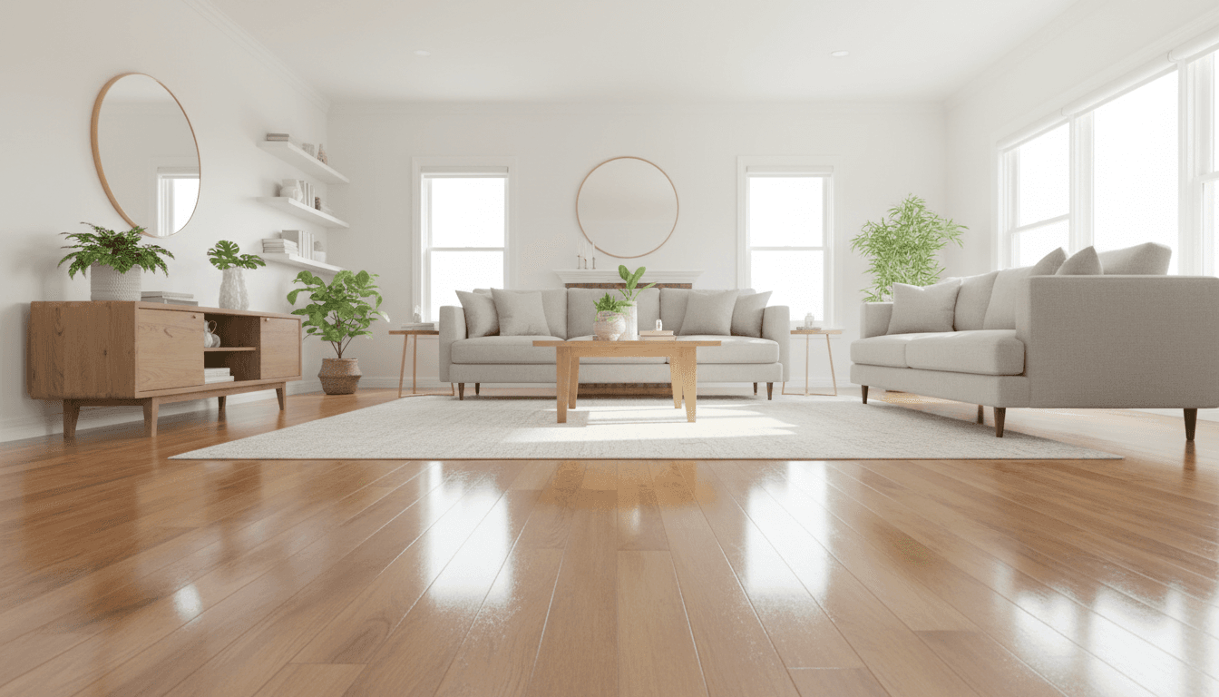 Bright, spotless residential living room with gleaming floors, clean furniture, and organized surfaces after professional cleaning