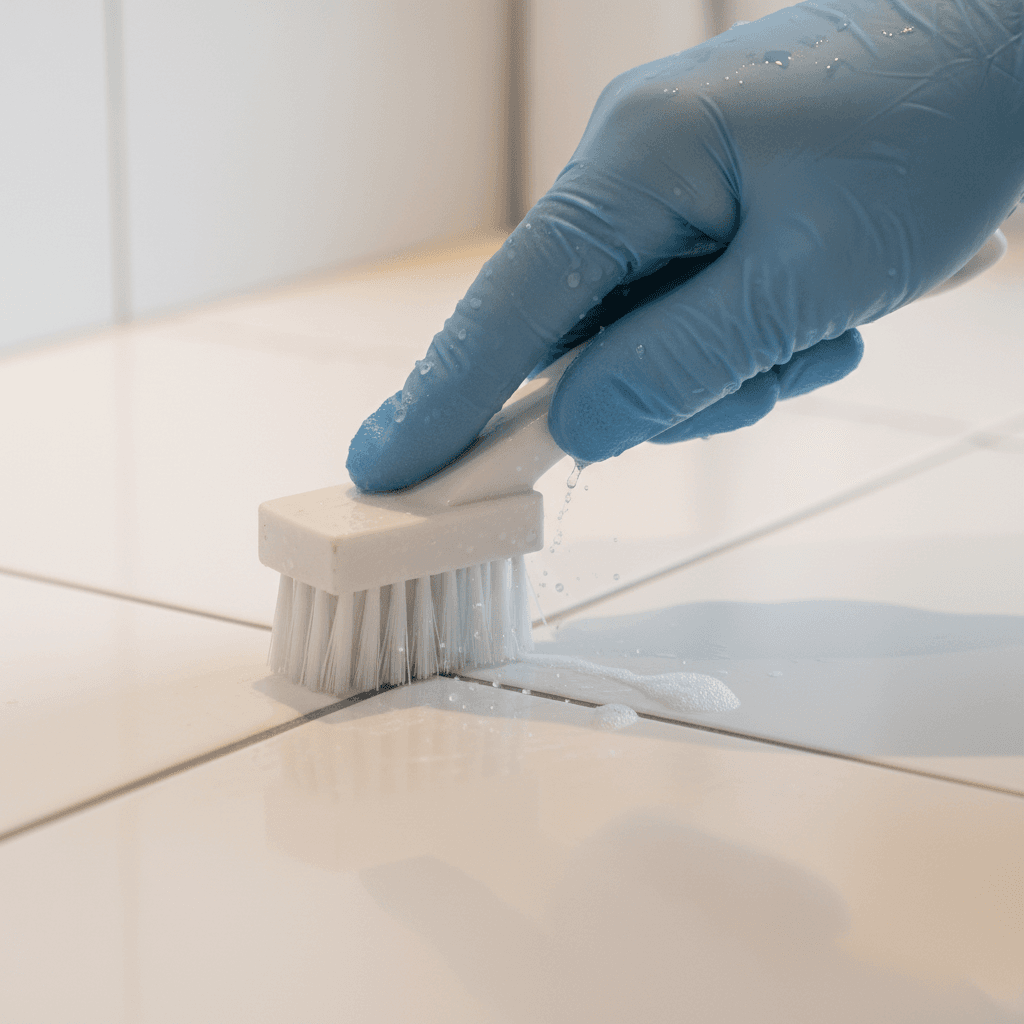 Close-up of cleaner's hand scrubbing bathroom tile grout with specialized brush and cleaning solution